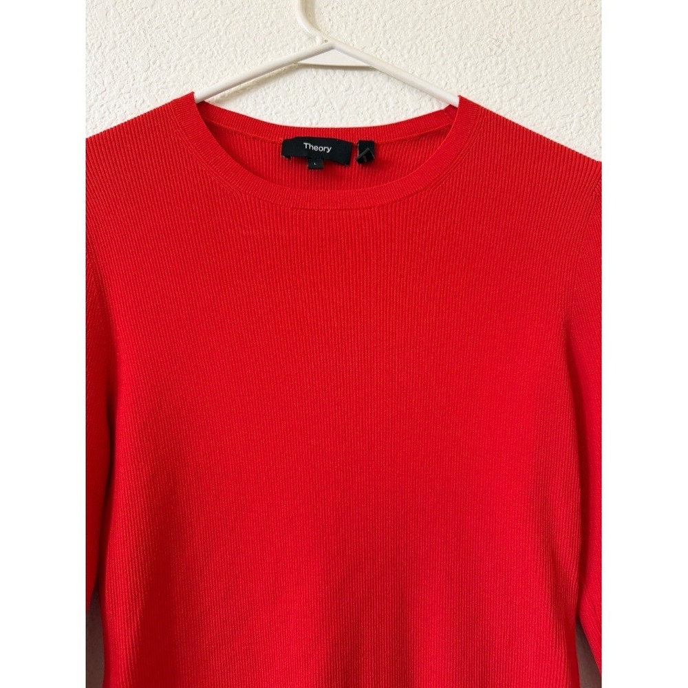 Theoryβ Womens Red Ribbed Knit Long Sleeve Crewneck Fitted Sweater Top L - Picture 6 of 16